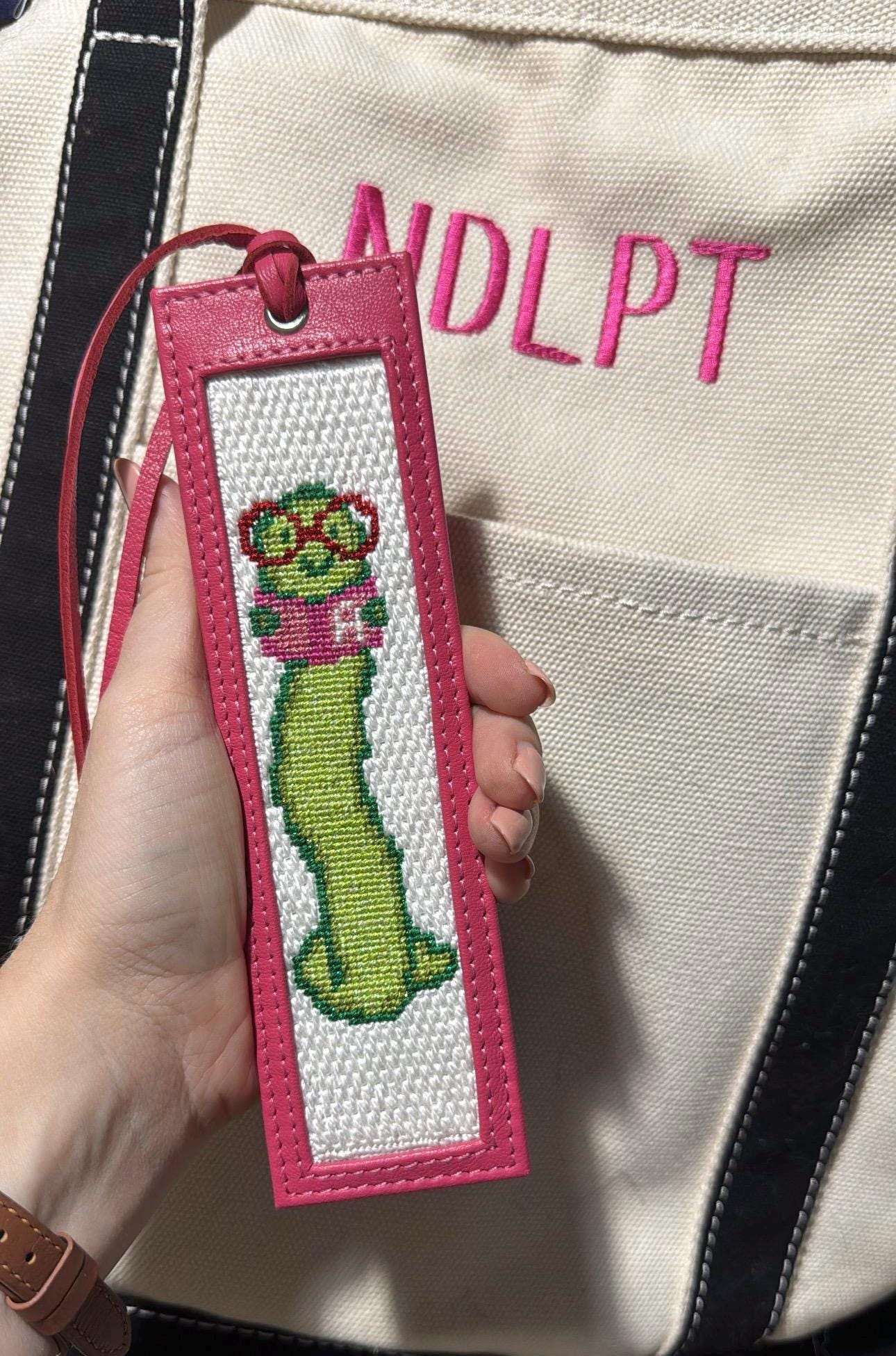 example of a canvas stitched and put into a Tilli Tomas self finishing book mark - bookmark not included with purchase of canvas