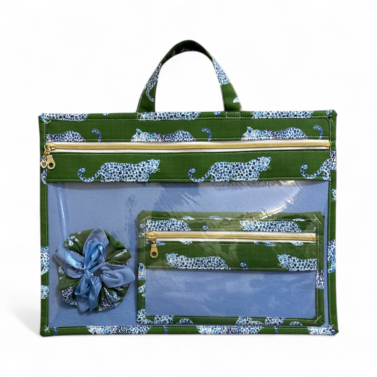 Large Project Bag w/Handles, Matching Fibers & Orts Bag - Leopard Parade Blue on Green