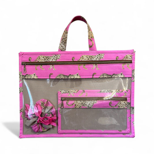 Large Project Bag w/Handles, Matching Fibers & Orts Bag - Pink Leopard Parade