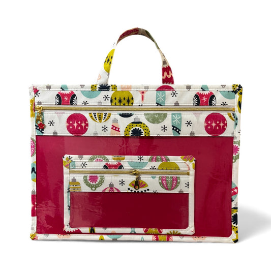 Large Project Bag w/Handle & Matching Fibers Bag - Retro Christmas Ornaments (red)