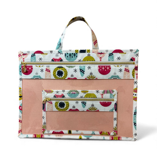 Large Project Bag w/Handle & Matching Fibers Bag - Retro Christmas Ornaments (peach)