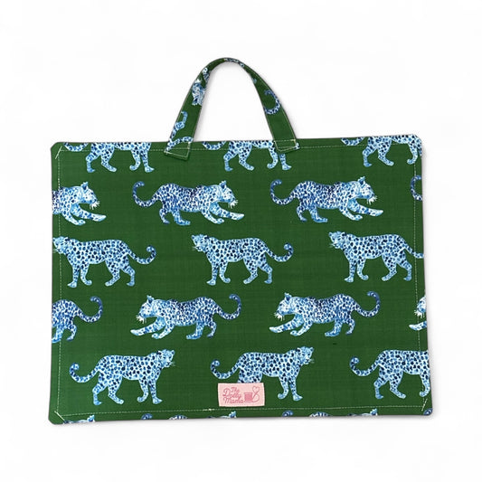 Large Project Bag w/Handles, Matching Fibers & Orts Bag - Leopard Parade Blue on Green