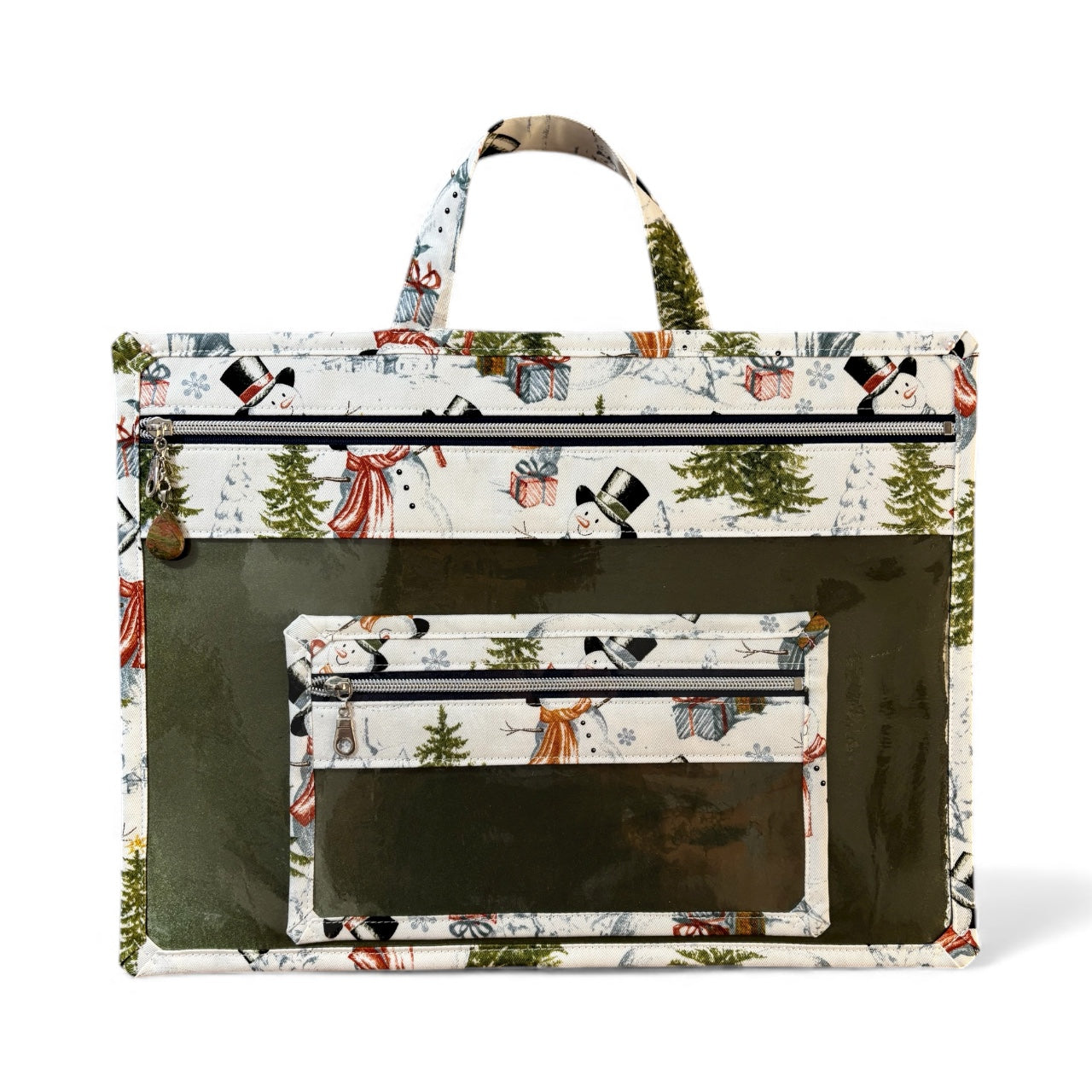 Large Project Bag w/Handle & Matching Fibers Bag - Cozy Snowmen (green)
