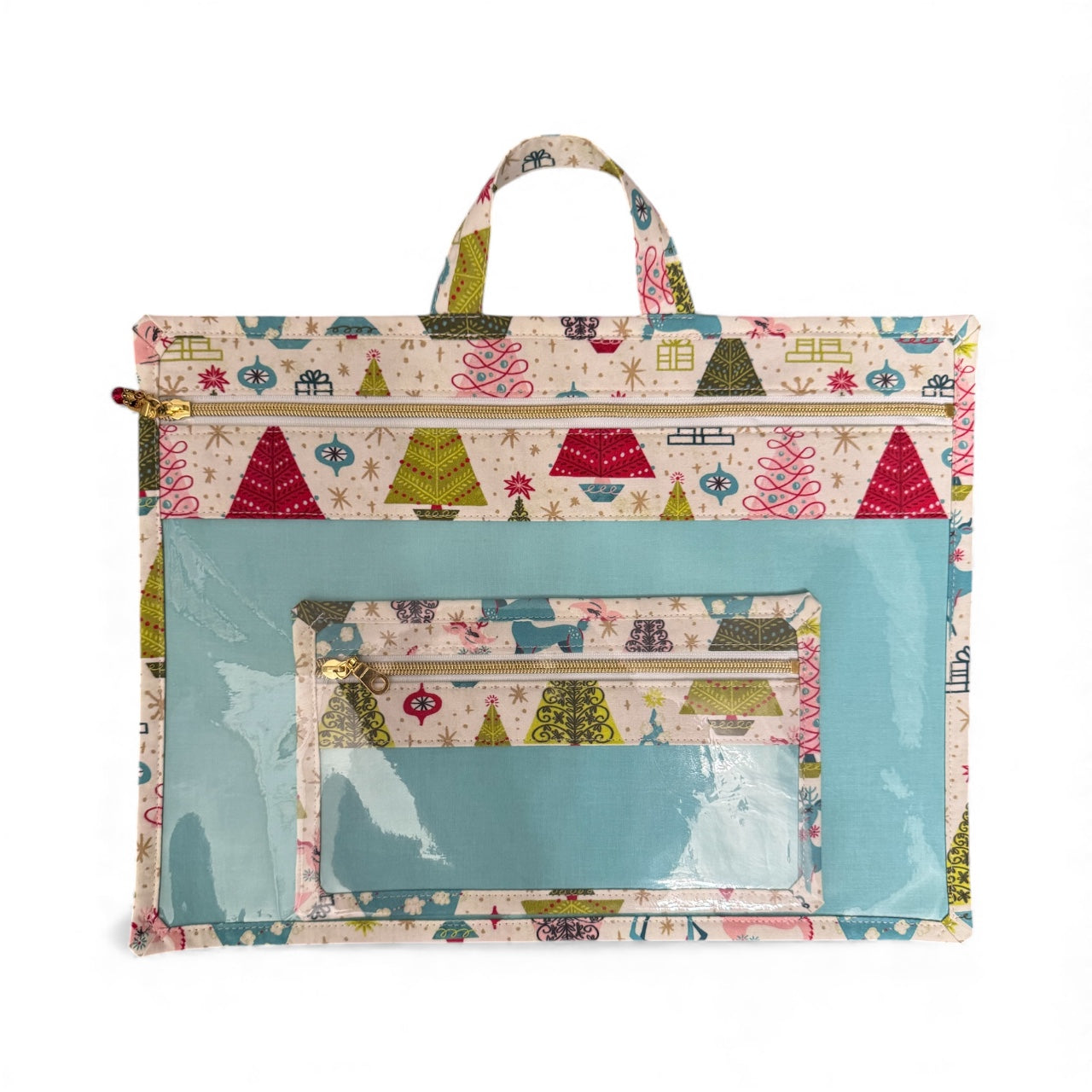 Large Project Bag w/Handle & Matching Fibers Bag - Retro Deer Christmas